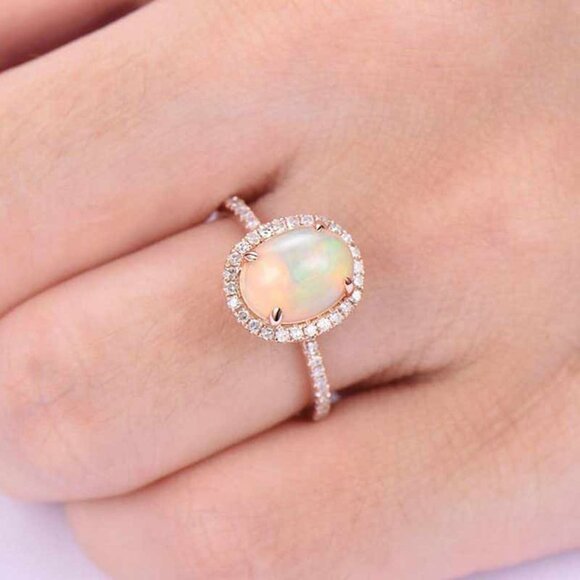 💍 Sweet Oval Gemstone Micro Pave Beautiful Fire Opal Rose Gold Ring, VIP200 - Picture 3 of 7